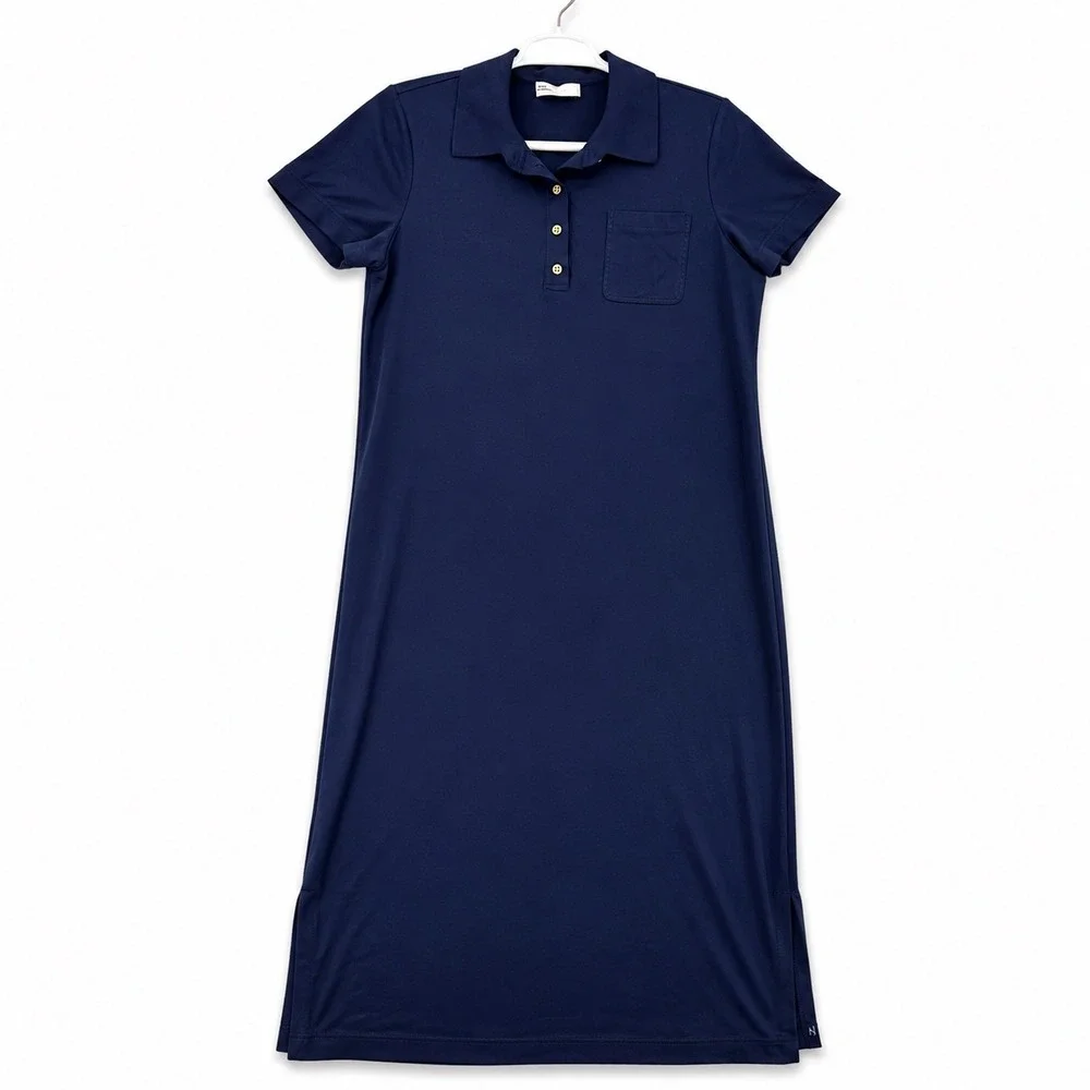 Tory Burch Navy Blue Polo Maxi Dress XXL Gold Logo Buttons Pockets Side Slits